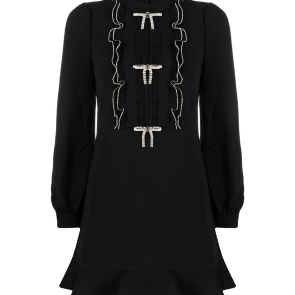 Self-Portrait Black Long-Sleeve Ruffle Dress with Pearl Bow Accents